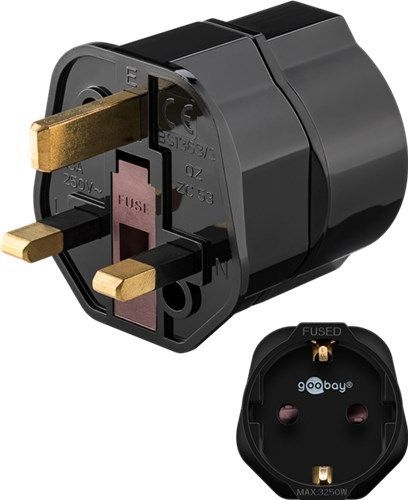 Goobay 45352 Reiseadapter Europa auf UK, schwarz VPE Retail Polybag Mindestbestellmenge 1