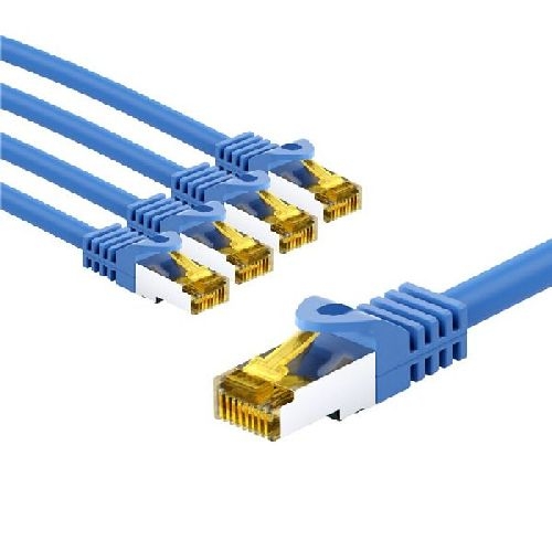 Goobay 69392 RJ45-Patchkabel CAT 6A S/FTP (PiMF), 500 MHz mit CAT 7 Rohkabel, 3 m, blau, 5er-Set VPE Bulk Mindestbestellmenge 1