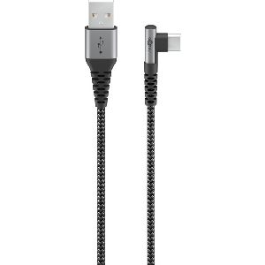 Goobay 64657 USB-C™-auf-USB-A-Textilkabel mit Metallsteckern (spacegrau/silber), 90°, 2 m VPE Retail Polybag Mindestbestellmenge 1