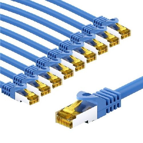 Goobay 69399 RJ45-Patchkabel CAT 6A S/FTP (PiMF), 500 MHz mit CAT 7 Rohkabel, 5 m, blau, 10er-Set VPE Bulk Mindestbestellmenge 1