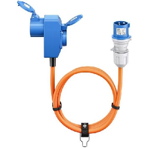 Goobay 76232 CEE-Adapterleitung, CEE-Stecker auf 90° CEE-Kupplung und Schutzkontakt-Kupplung, 1,5 m VPE Sleeve Mindestbestellmenge 1