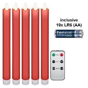 Goobay 75267 5er-Set rote LED-Echtwachs-Stabkerzen, inkl. Fernbedienung und 10x AA (LR6) VPE Retail Polybag Mindestbestellmenge 1