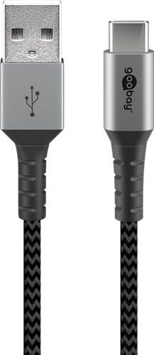 Goobay 49297 USB-C™ auf USB-A Textilkabel mit Metallsteckern (spacegrau/silber), 2 m VPE Retail Polybag Mindestbestellmenge 1