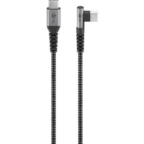 Goobay 64659 USB-C™-auf-USB-C™-Textilkabel mit Metallsteckern (spacegrau/silber), 90°, 1 m VPE Retail Polybag Mindestbestellmenge 1