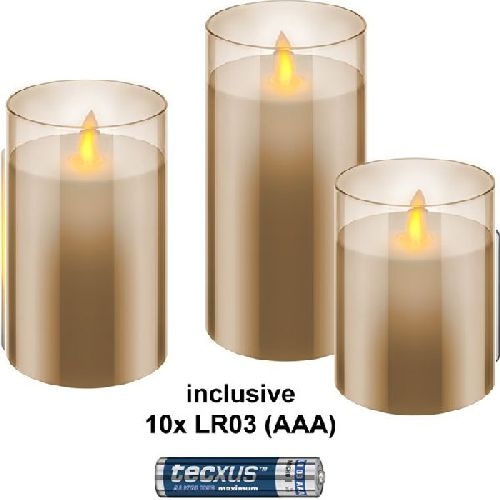 Goobay 75260 3er-Set LED-Echtwachs-Kerzen im Glas, gold-transparent, inkl. 10x AAA (LR03) VPE Retail Polybag Mindestbestellmenge 1