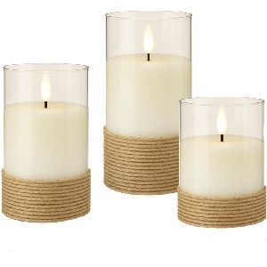 Goobay 77773 3er-Set LED-Echtwachs-Kerzen im Glas, weiß, mit Hanf umwickelt VPE Retail Box Mindestbestellmenge 1