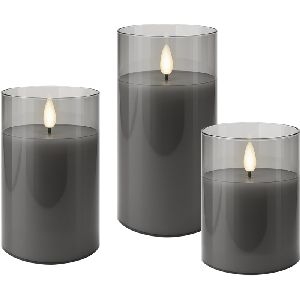 Goobay 77755 3er-Set LED-Echtwachs-Kerzen im Glas, grau-transparent VPE Retail Box Mindestbestellmenge 1