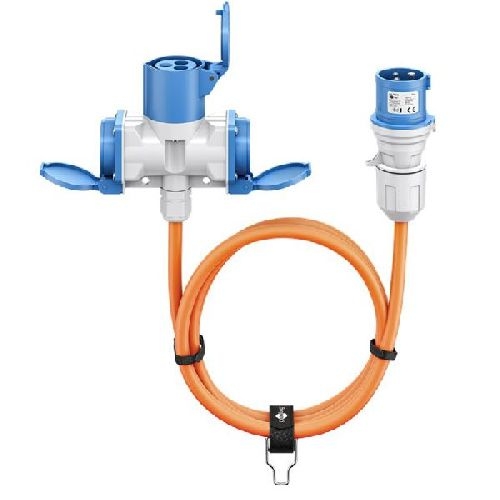 Goobay 76266 CEE-Adapterleitung, CEE-Stecker auf 1x CEE-Kupplung und 2x Schutzkontakt-Kupplung, 10 m VPE Sleeve Mindestbestellmenge 1