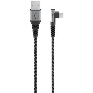 Goobay 64655 USB-C™-auf-USB-A-Textilkabel mit Metallsteckern (spacegrau/silber), 90°, 0,5 m