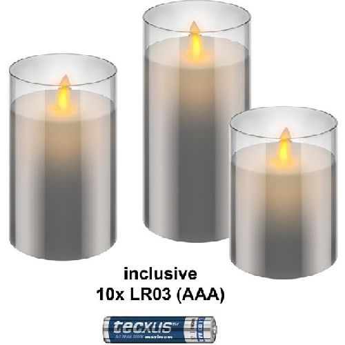 Goobay 75261 3er-Set LED-Echtwachs-Kerzen im Glas, grau-transparent, inkl. 10x AAA (LR03) VPE Retail Polybag Mindestbestellmenge 1