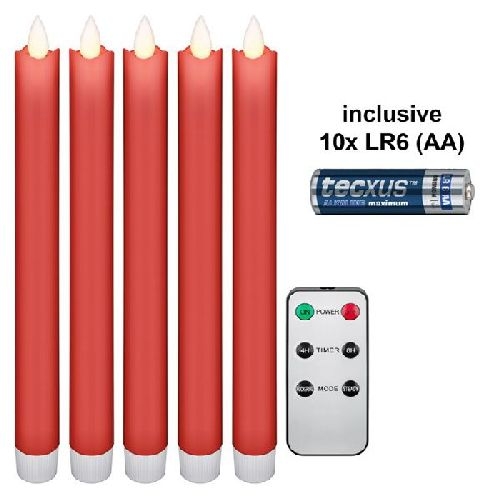 Goobay 75267 5er-Set rote LED-Echtwachs-Stabkerzen, inkl. Fernbedienung und 10x AA (LR6) VPE Retail Polybag Mindestbestellmenge 1