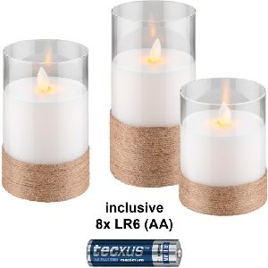 Goobay 75262 3er-Set LED-Echtwachs-Kerzen im Glas, weiß, mit Hanf umwickelt, inkl. 10x AAA (LR03) VPE Retail Polybag Mindestbestellmenge 1