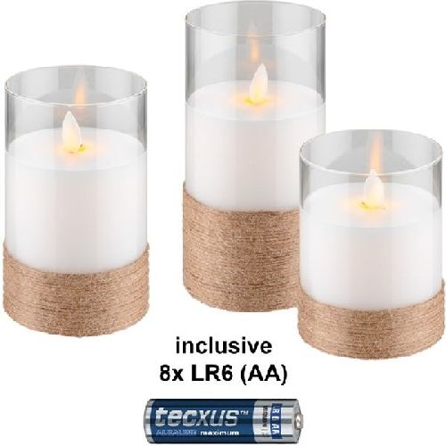 Goobay 75262 3er-Set LED-Echtwachs-Kerzen im Glas, weiß, mit Hanf umwickelt, inkl. 10x AAA (LR03) VPE Retail Polybag Mindestbestellmenge 1